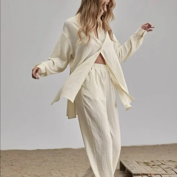 Shirt Pants 2 PC SET wide leg loose button collar spring summer womens cream - Picture 4 of 13